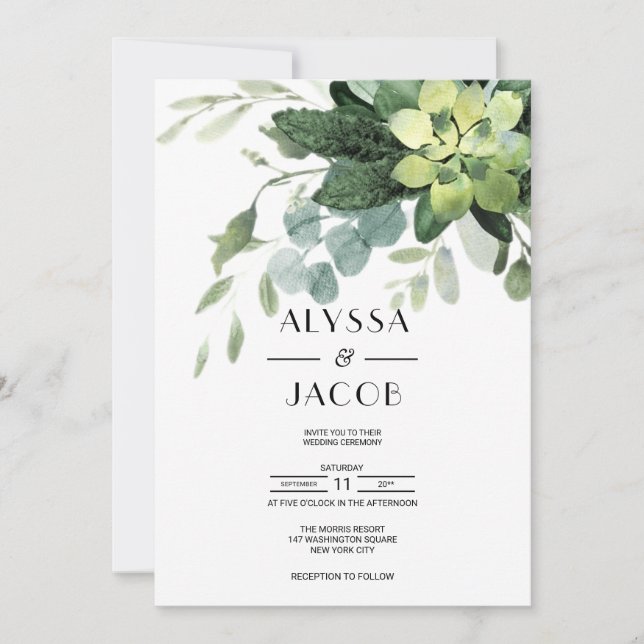Botanical, elegant succulent and eucalyptus leaves invitation (Front)