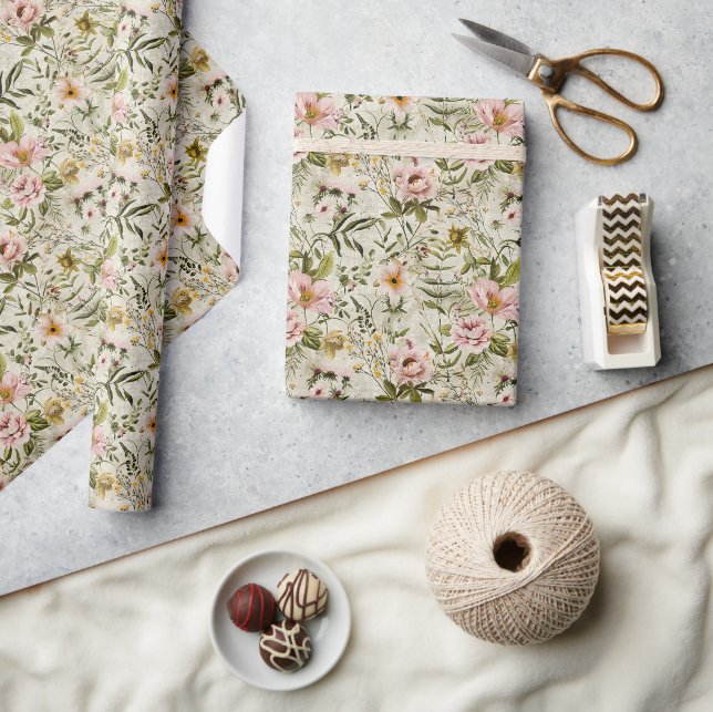 Botanical Elements and Pink Summer Flowers Wrapping Paper (Crafts)