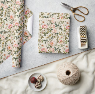 Botanical Elements and Pink Summer Flowers Wrapping Paper