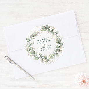 Botanical Eucalyptus Emerald Monogram Wedding Classic Round Sticker