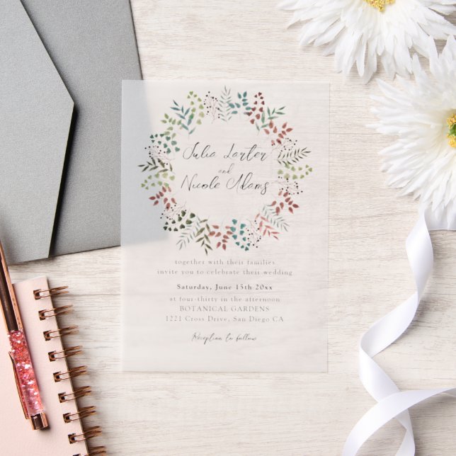 Botanical Eucalyptus Green Leaves Wreath Wedding Vellum Invitations (Wedding)