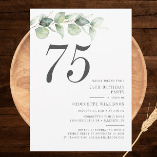 Botanical Eucalyptus Greenery 75th Birthday Invitation