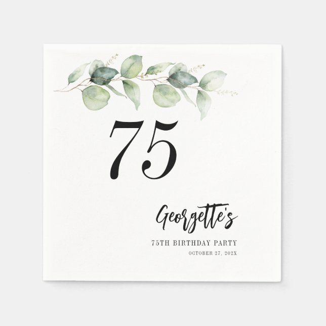 Botanical Eucalyptus Greenery 75th Birthday Paper Napkin (Front)