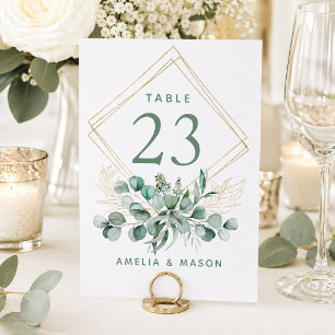 Botanical Eucalyptus Greenery Gold Frame Wedding Table Number