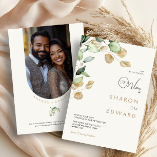 Botanical Eucalyptus Greenery & Gold Wedding Photo Invitation