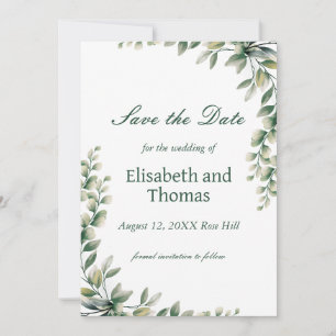 Botanical eucalyptus leaves save the date card