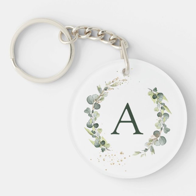 Botanical Eucalyptus Monogram Greenery Wedding Keychain (Front)