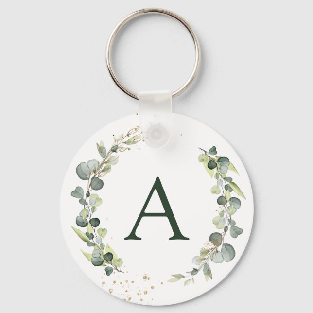 Botanical Eucalyptus Monogram Greenery Wedding Keychain (Front)