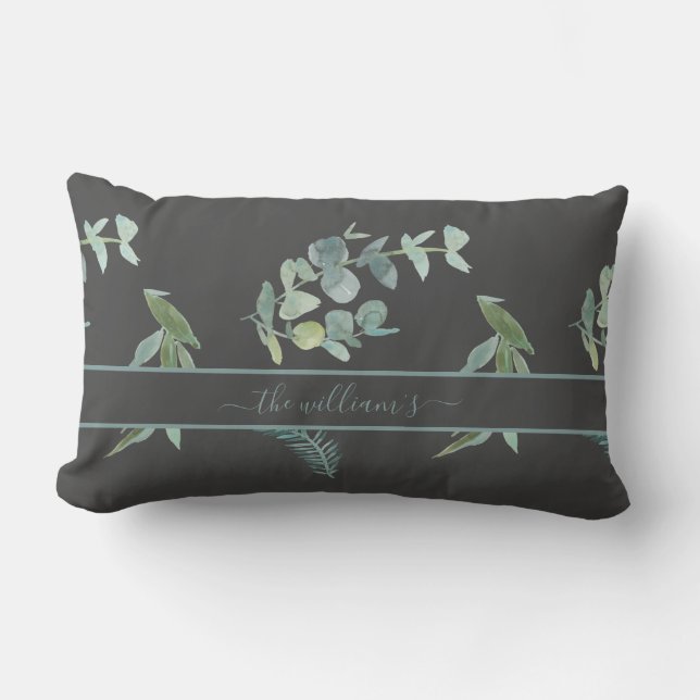 Botanical eucalyptus olive pattern grey green lumbar pillow (Front)