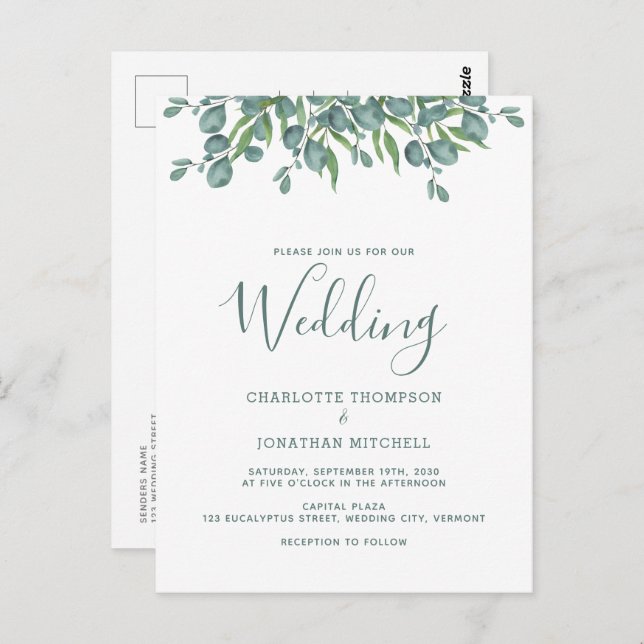 Botanical Eucalyptus Sage Green Wedding Invitation Postcard (Front/Back)