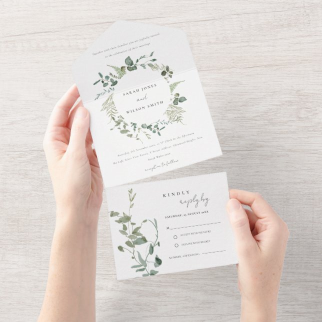 Botanical Eucalyptus Watercolor Wreath Wedding All In One Invitation (Tearaway)