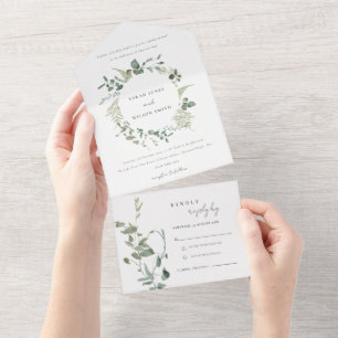 Botanical Eucalyptus Watercolor Wreath Wedding All In One Invitation