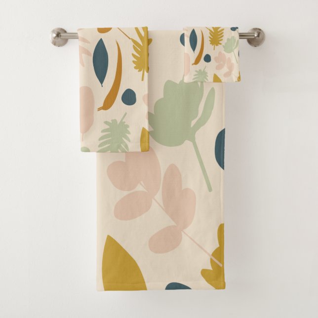 Botanical Fall Flowers and Leaves Pattern Bath Towel Set (Insitu)