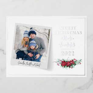 Botanical Family Photo Christmas Silver Foil Holiday Postcard