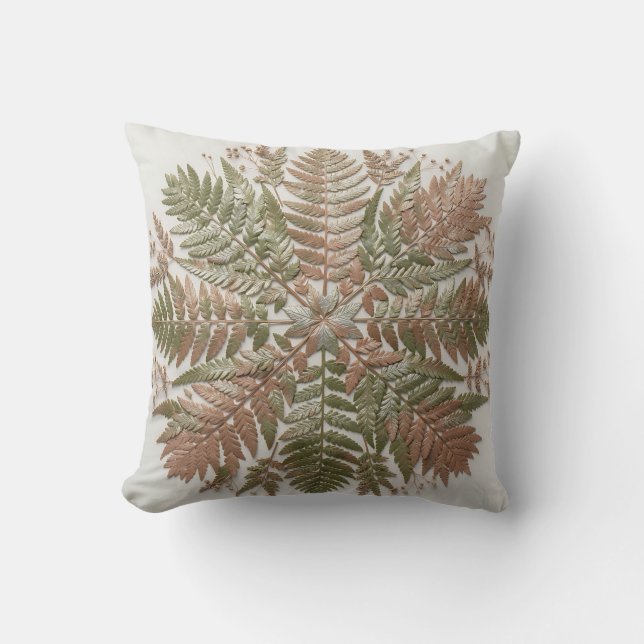 Botanical Fern Green Copper Pressed Leaves Throw Pillow (Front)