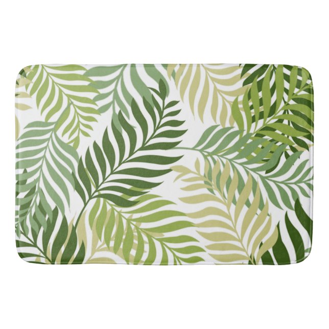Botanical Fern Leaves Pattern on White Bath Mat (Front)