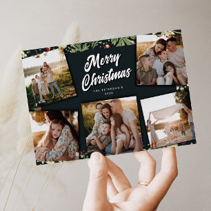 Botanical Festive 5 Photo Collage Christmas Holiday Card