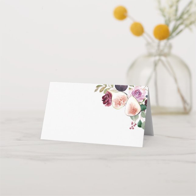 Botanical Figs and Berry Burgundy Floral Wedding Place Card (Front)