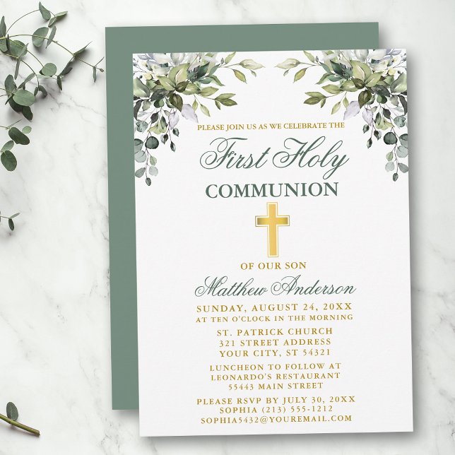 Botanical First Communion Sage Green Gold Invitation (Customize to change text color, text style or color of back of card.)