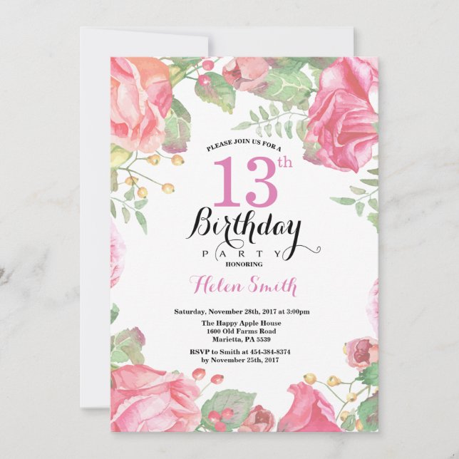 Botanical Floral 13th Birthday Invitation (Front)