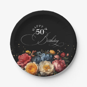 Botanical Floral Black Happy Birthday Paper Plate