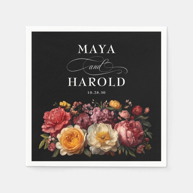 Botanical Floral Black Moody Wedding Napkin (Front)