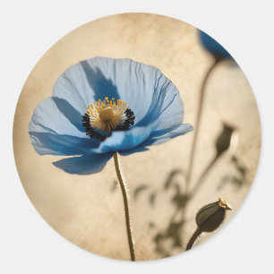 Botanical Floral Blue Poppy Classic Round Sticker