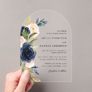 Botanical Floral Blush Navy Wedding Acrylic Invitations