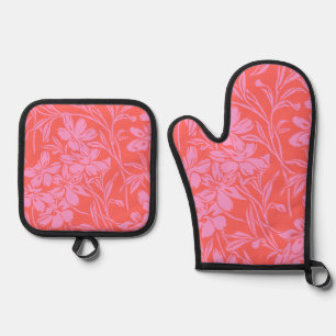 Botanical Floral Boho Art Design in Pink and Red  Oven Mitt & Pot Holder Set