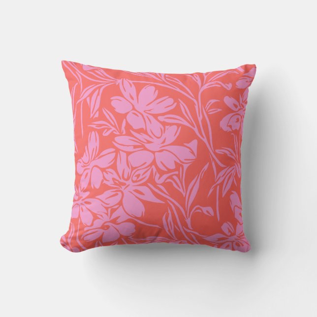 Botanical Floral Boho Art Design in Pink and Red Throw Pillow (Front)