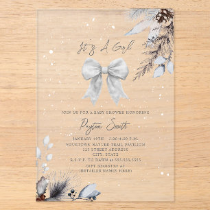 Botanical Floral Bow Winter Girl Baby Shower  Acrylic Invitations