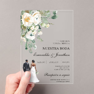 Botanical floral bride and groom Spanish Wedding Acrylic Invitations