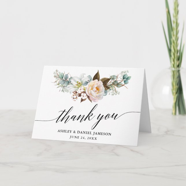 Botanical Floral Calligraphy Wedding Fold Thank You Card (Front)