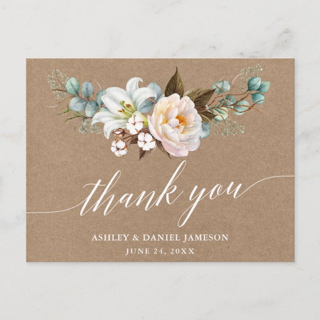 Botanical Floral Calligraphy Wedding Kraft Thanks Postcard (Front)