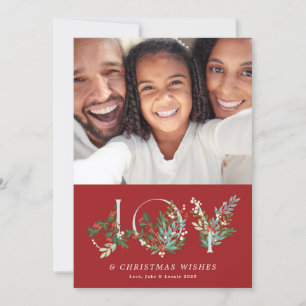 Botanical Floral Christmas JOY Elegant Red Photo Holiday Card