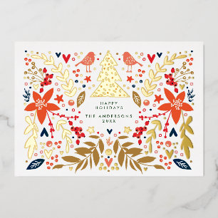 Botanical Floral Christmas Photo Custom Gold Foil Holiday Card