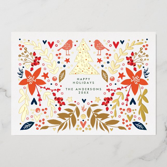 Botanical Floral Christmas Photo Custom Gold Foil Holiday Card (Front)