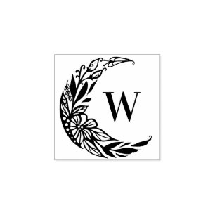 Botanical Floral Crescent Moon Custom Monogram Rubber Stamp