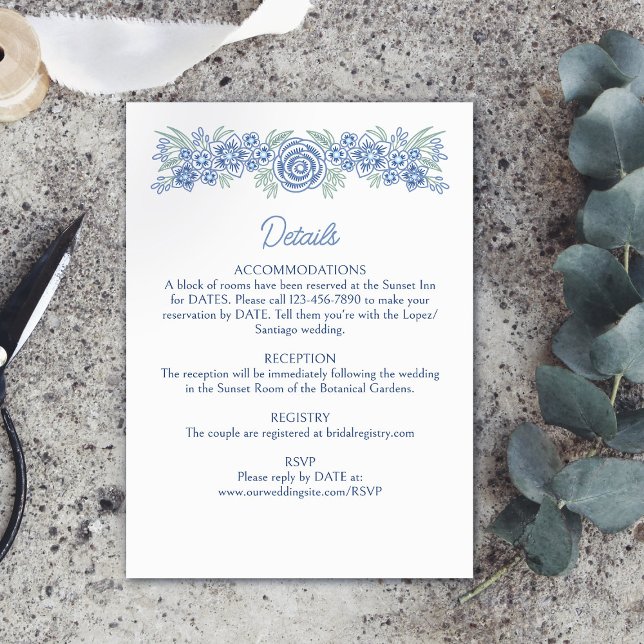 Botanical Floral Dusty Blue Navy Wedding Details Enclosure Card (Creator Uploaded)
