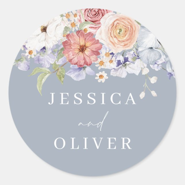 Botanical Floral Dusty Blue Wedding Engagement Classic Round Sticker (Front)