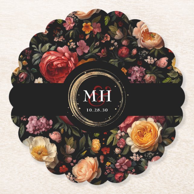 Botanical Floral Dutch Baroque Wedding Monogram Paper Coaster (Front)