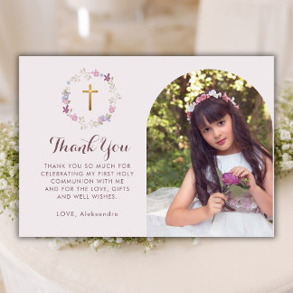 Botanical Floral  First Holly Communion Arch Photo Thank You Card