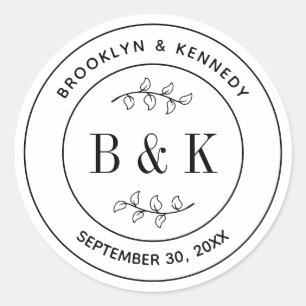 Botanical Floral Fun Monogram Wedding Couple Name Classic Round Sticker