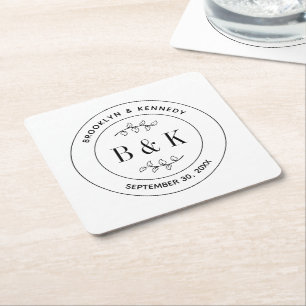 Botanical Floral Fun Monogram Wedding Couple Name Square Paper Coaster