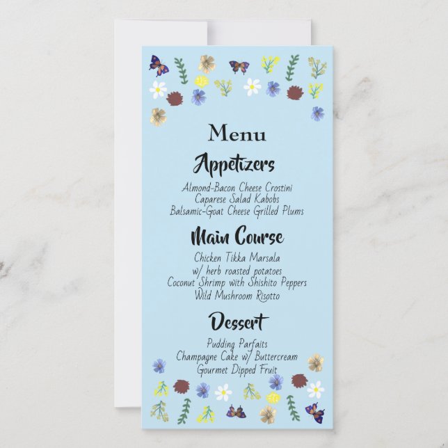 Botanical Floral Garden Blue Wedding Menu (Front)