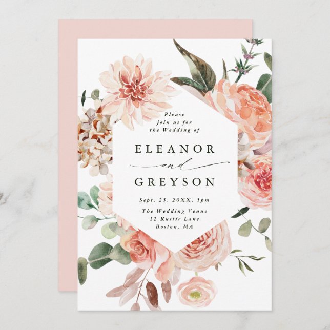 Botanical Floral Garden Blush Hexagon Wedding Invitation (Front/Back)