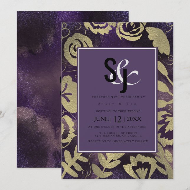 Botanical Floral Garden Rose Gold Purple Wedding Invitation (Front/Back)