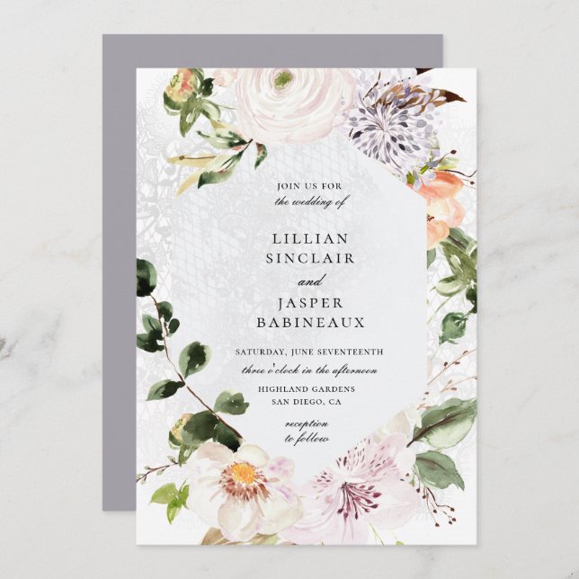 Botanical Floral Geometric Lace Frame Wedding Invitation (Front/Back)