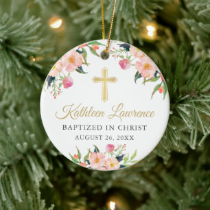 Botanical Floral Girl Photo Baptism Christening Ceramic Ornament