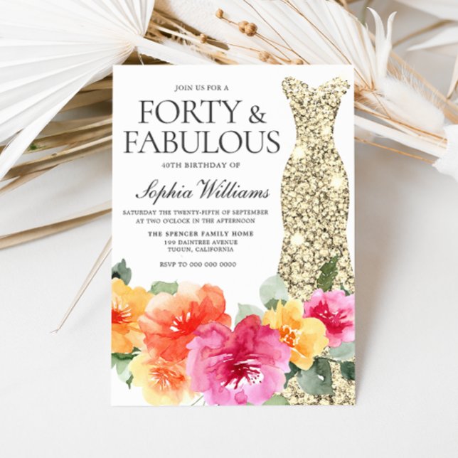 Botanical Floral Gold Dress 40th Birthday Party Invitation (Creator Uploaded)